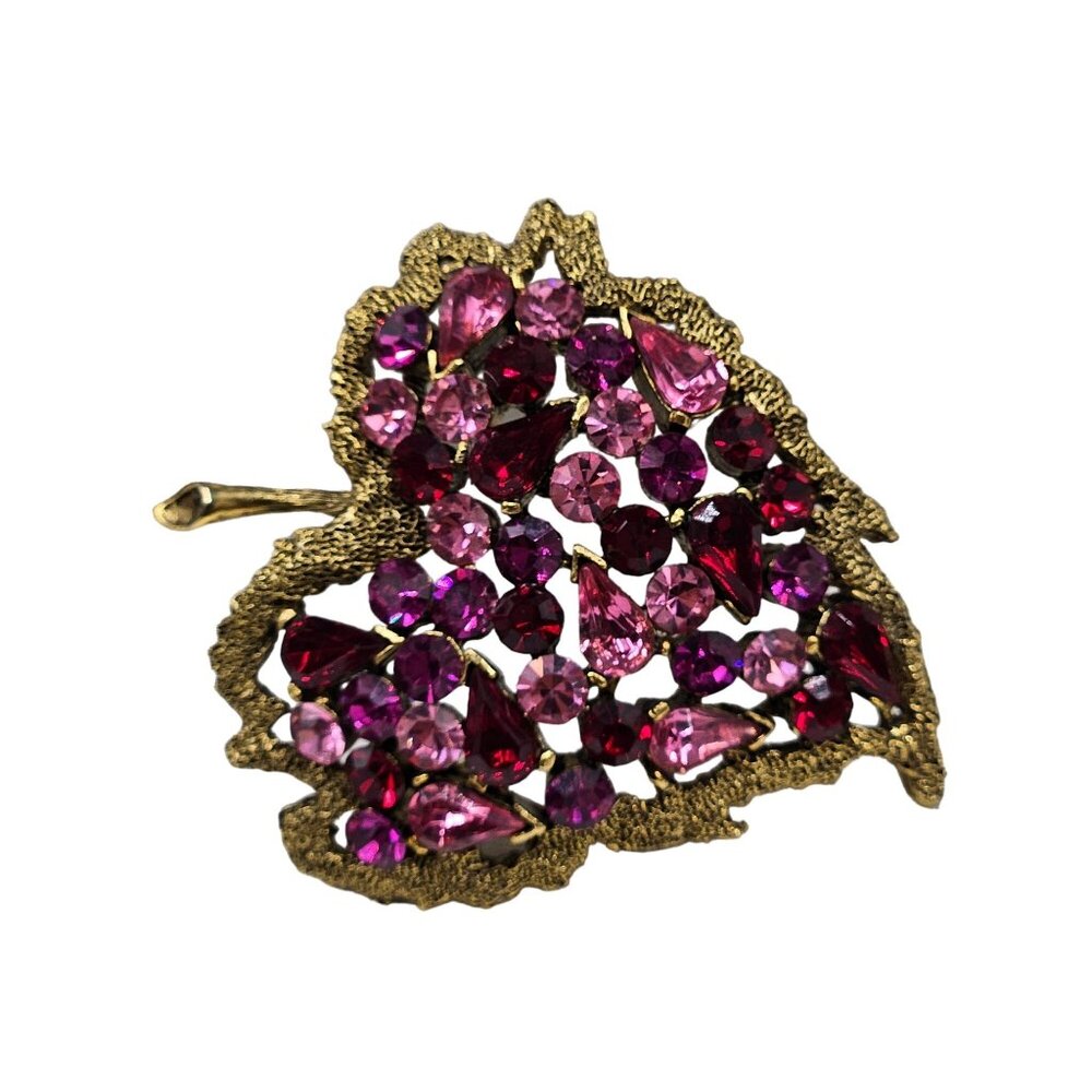 Vintage Gold-Tone Leaf Brooch With Pink & Red Rhinestones